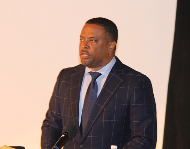 Acting Premier of Nevis Hon. Mark Brantley delivering an address at the opening ceremony of the 45th annual Leeward Islands Debating Competition, at the at the Nevis Performing Arts Centre on February 23, 2017